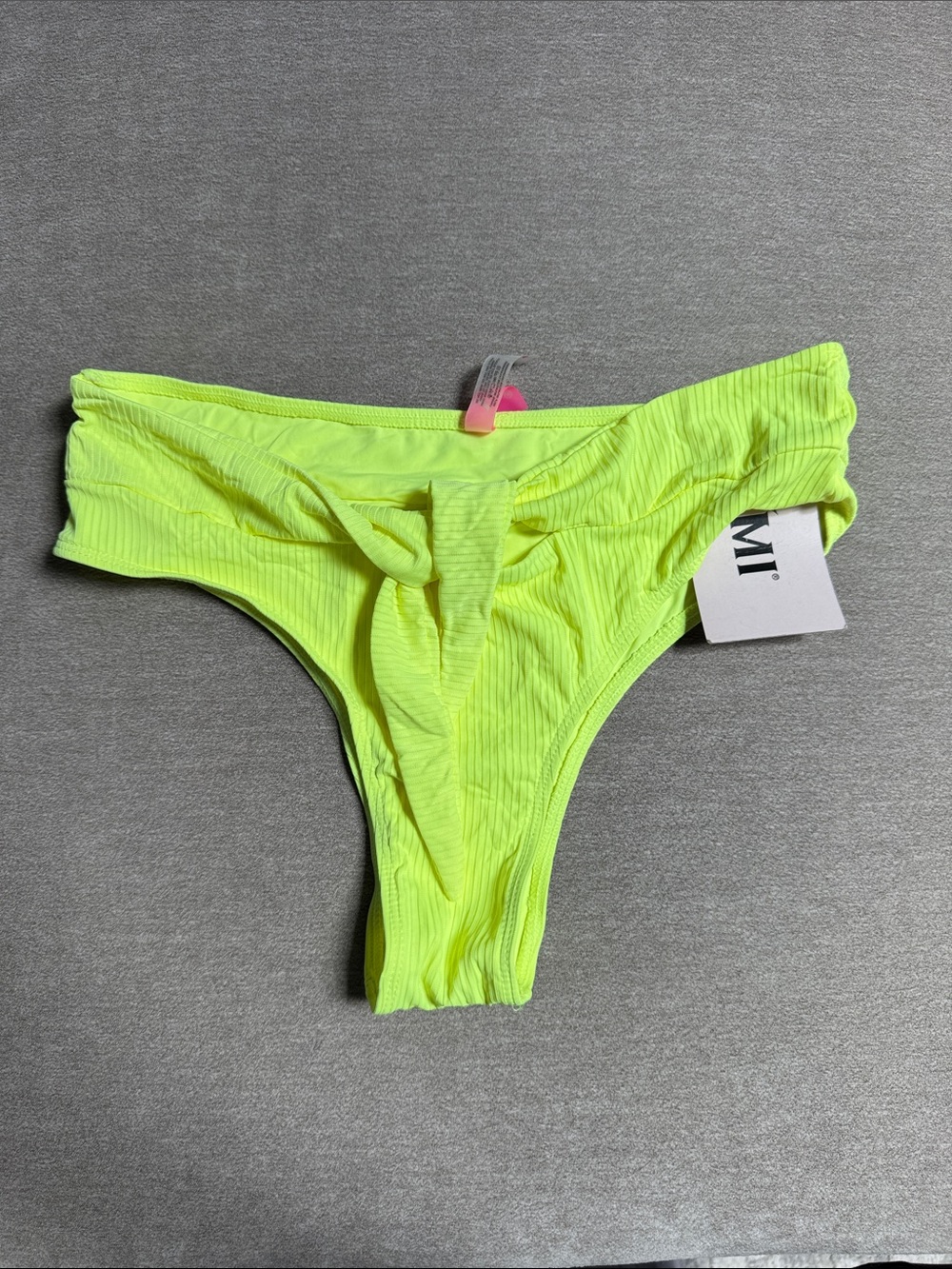 YMI Neon Lime Ribbed Bikini Bottoms with Front Knot